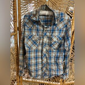 Blue and Brown Plaid vintage snap Button-Up Shirt